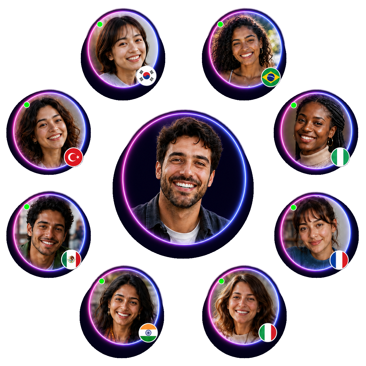 Adult man surrounded by adults from different countries in MuMu random video chat, mostly women