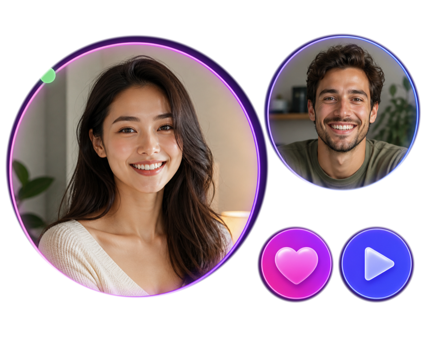Adult video chat participants with controls to continue or meet someone new