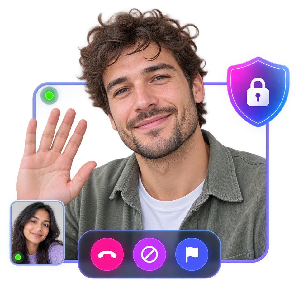 Adult video chat participant with privacy, block, report and leave controls